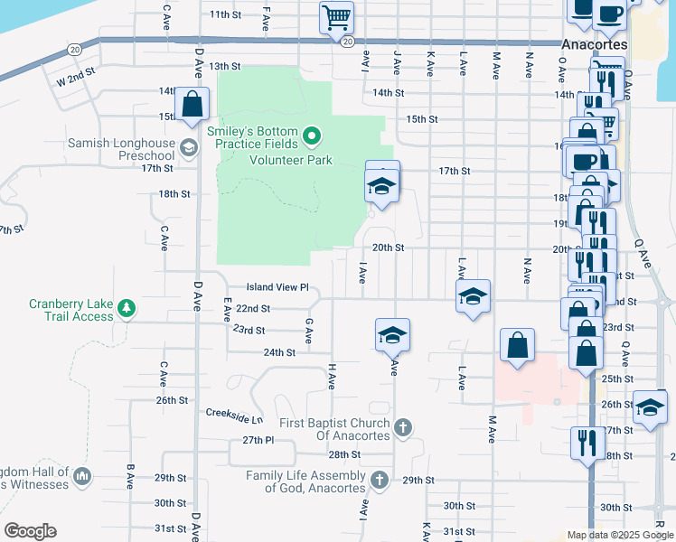 map of restaurants, bars, coffee shops, grocery stores, and more near 2021 H Avenue in Anacortes