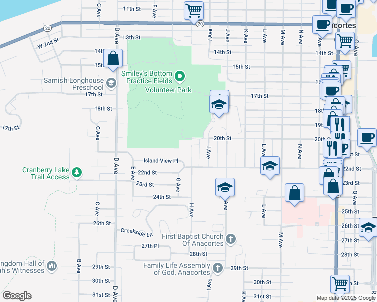 map of restaurants, bars, coffee shops, grocery stores, and more near 2021 H Avenue in Anacortes