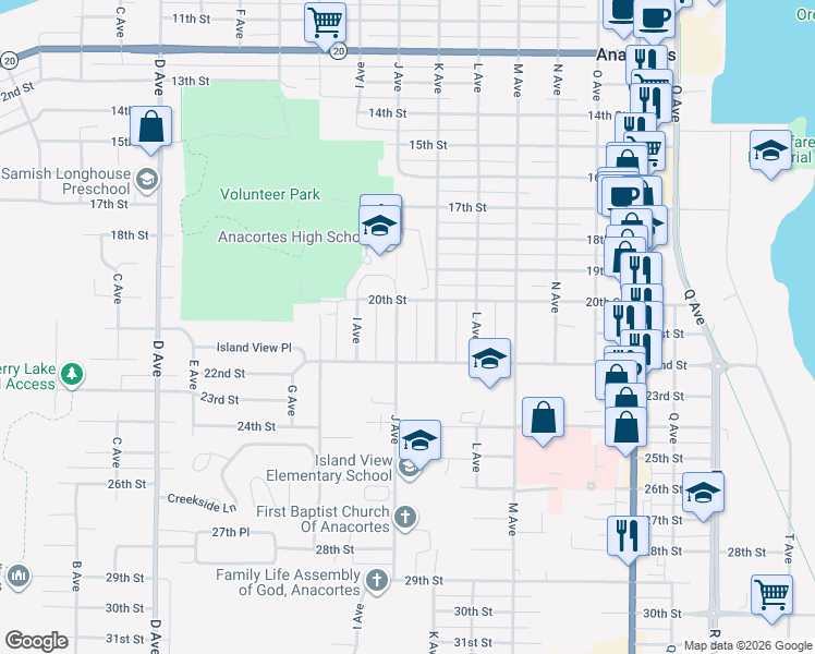 map of restaurants, bars, coffee shops, grocery stores, and more near 2019 J Avenue in Anacortes