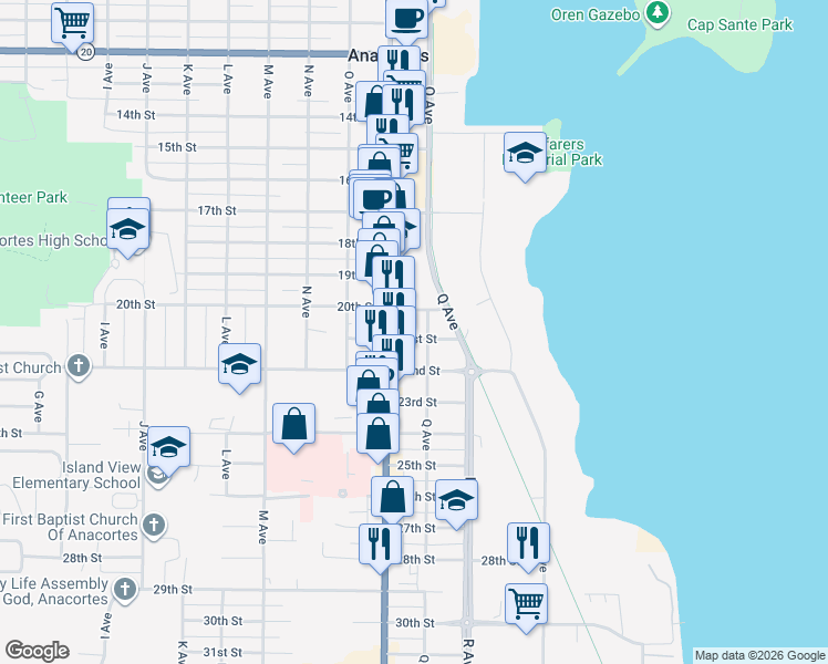 map of restaurants, bars, coffee shops, grocery stores, and more near 902 21st Street in Anacortes