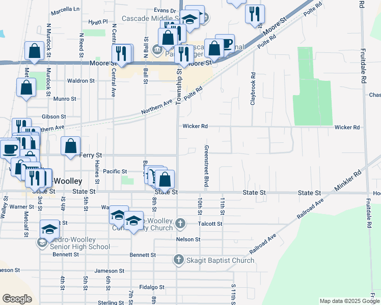map of restaurants, bars, coffee shops, grocery stores, and more near 625 Township Street in Sedro-Woolley