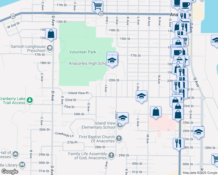 map of restaurants, bars, coffee shops, grocery stores, and more near 2013 I Avenue in Anacortes