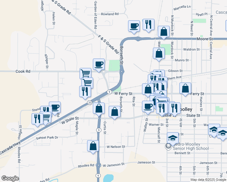 map of restaurants, bars, coffee shops, grocery stores, and more near 374 West Ferry Street in Sedro-Woolley