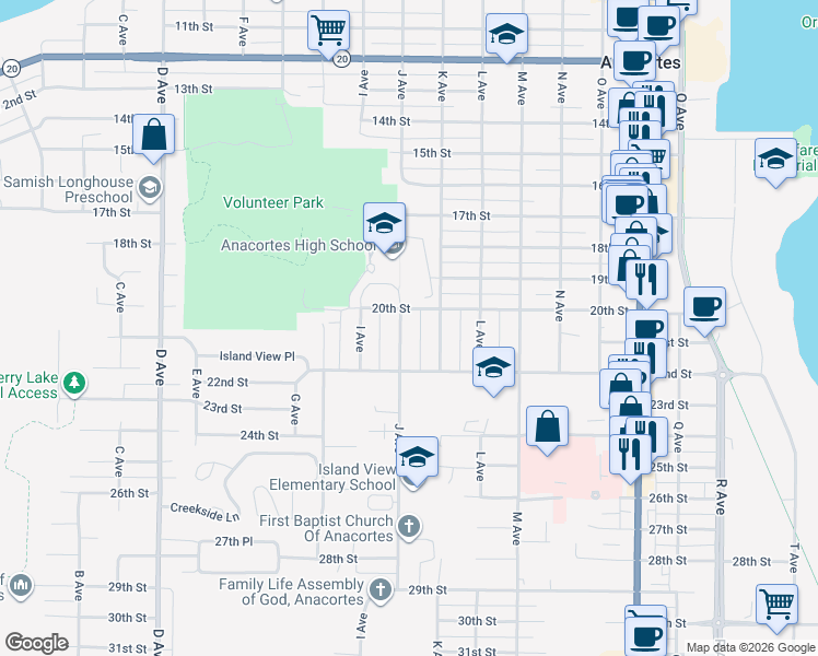 map of restaurants, bars, coffee shops, grocery stores, and more near 2019 J Avenue in Anacortes