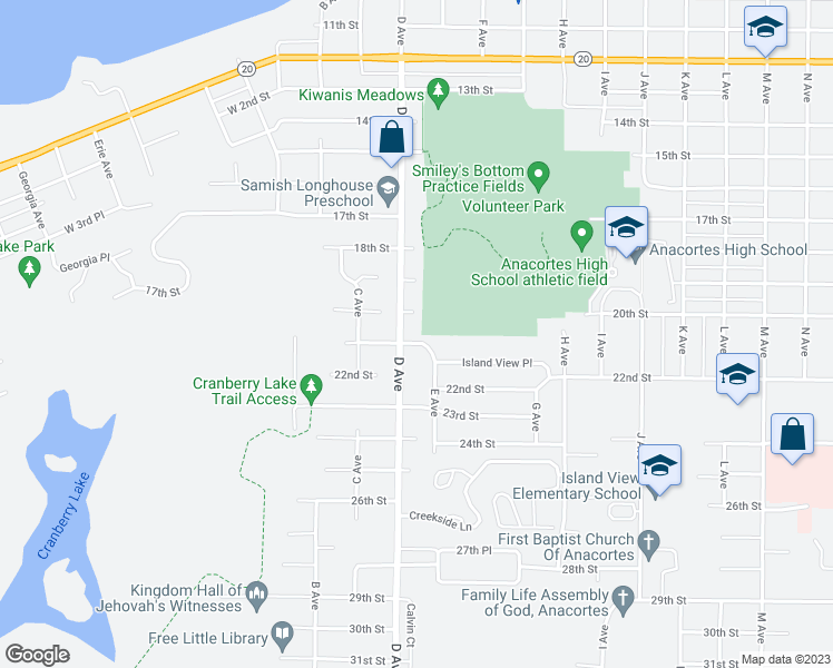 map of restaurants, bars, coffee shops, grocery stores, and more near 2114 21st Street in Anacortes