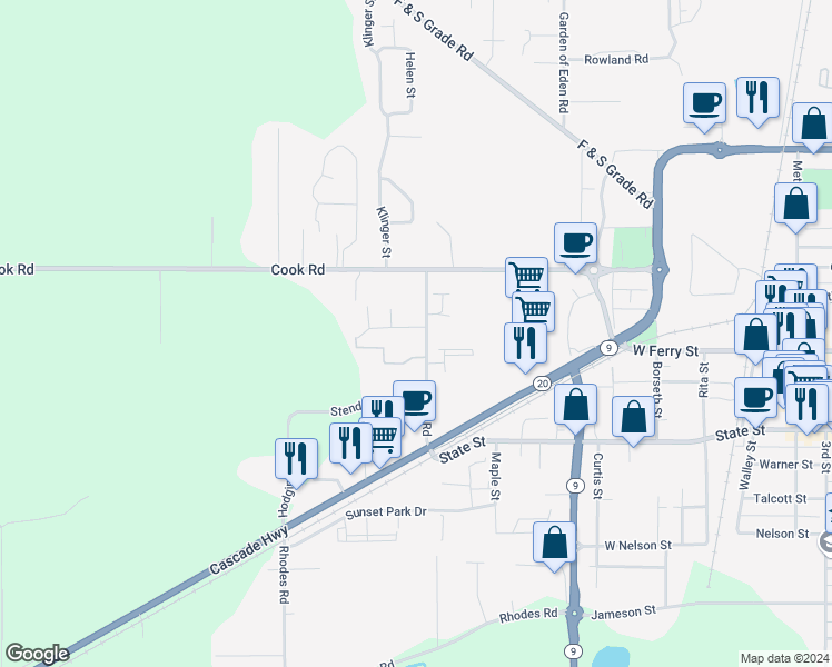 map of restaurants, bars, coffee shops, grocery stores, and more near 712 Trail Road in Sedro-Woolley