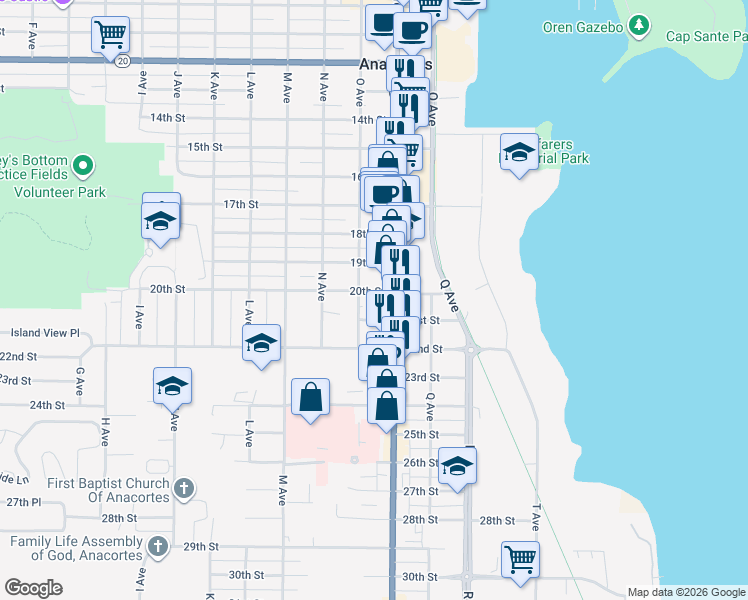 map of restaurants, bars, coffee shops, grocery stores, and more near 2022 Commercial Avenue in Anacortes