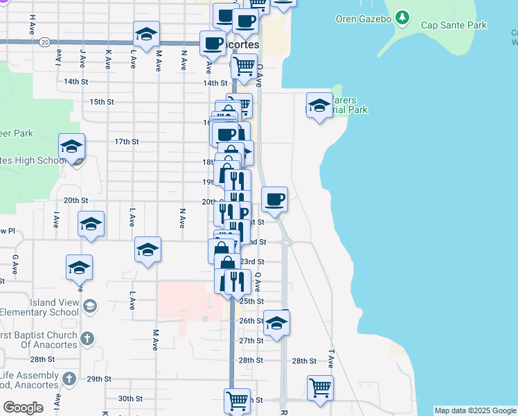 map of restaurants, bars, coffee shops, grocery stores, and more near 902 21st Street in Anacortes