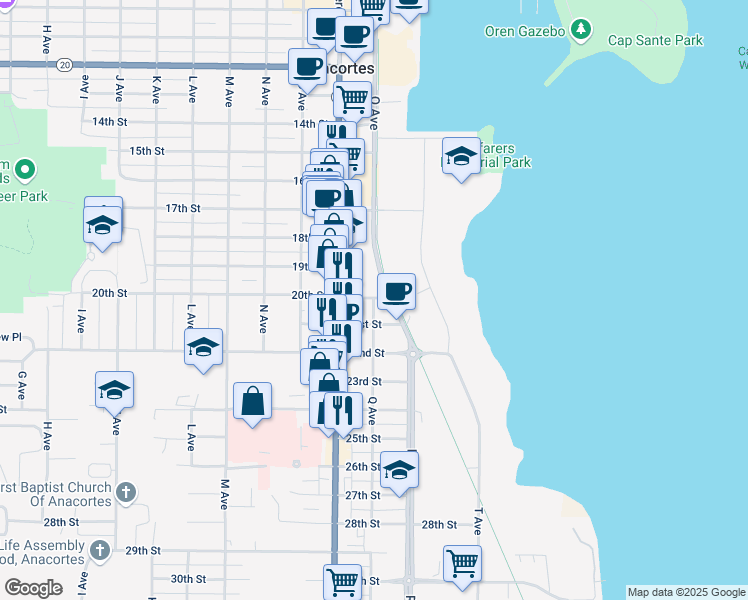 map of restaurants, bars, coffee shops, grocery stores, and more near 902 21st Street in Anacortes