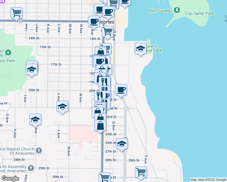 map of restaurants, bars, coffee shops, grocery stores, and more near 902 21st Street in Anacortes