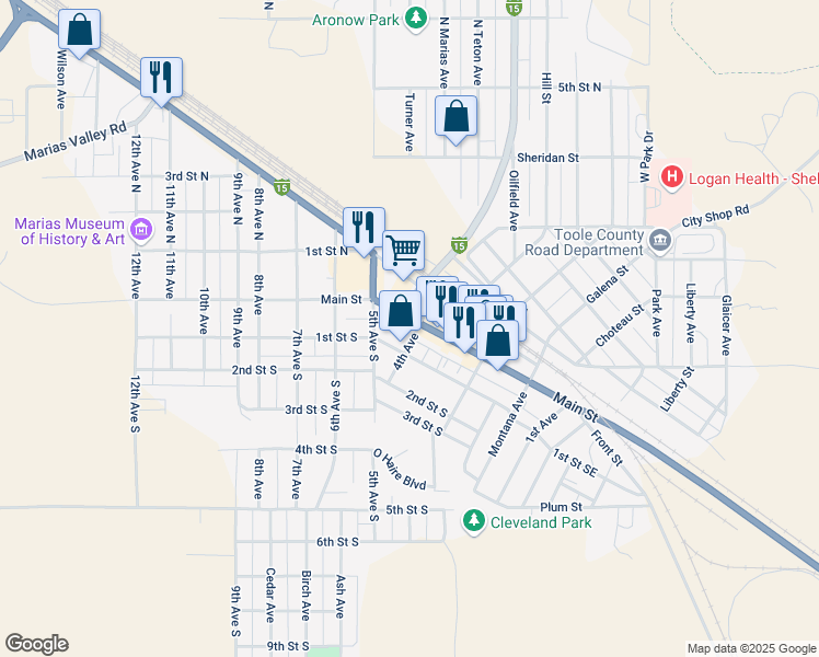 map of restaurants, bars, coffee shops, grocery stores, and more near 400 Main Street in Shelby