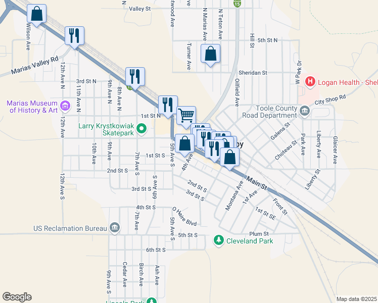map of restaurants, bars, coffee shops, grocery stores, and more near 400 Main Street in Shelby