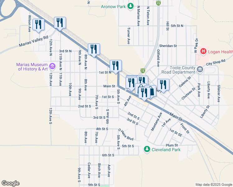 map of restaurants, bars, coffee shops, grocery stores, and more near 461-499 Main Street in Shelby