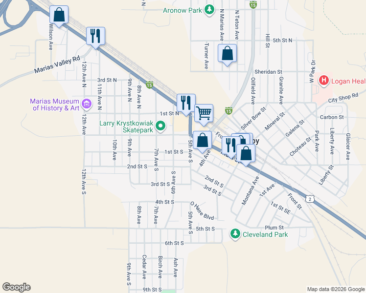 map of restaurants, bars, coffee shops, grocery stores, and more near 534 Main Street in Shelby
