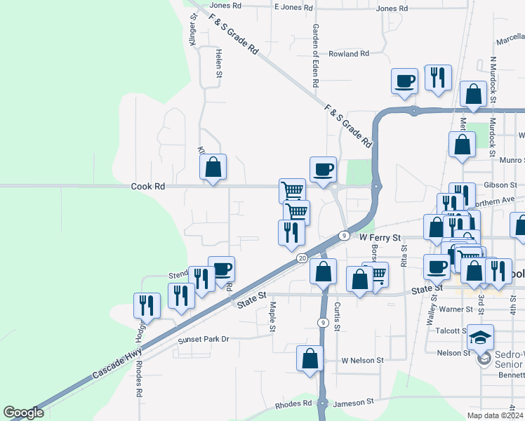 map of restaurants, bars, coffee shops, grocery stores, and more near 665 Cook Road in Sedro-Woolley