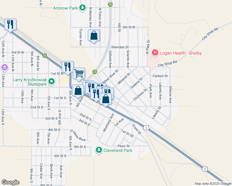 map of restaurants, bars, coffee shops, grocery stores, and more near 332 Mineral Street in Shelby