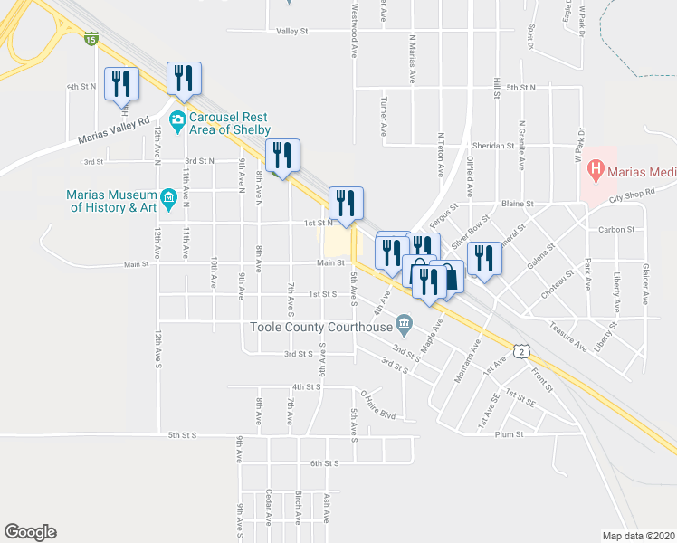 map of restaurants, bars, coffee shops, grocery stores, and more near 534 Main Street in Shelby