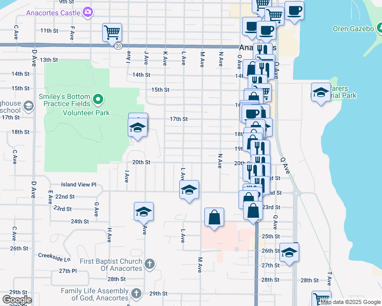 map of restaurants, bars, coffee shops, grocery stores, and more near 1313 19th Street in Anacortes