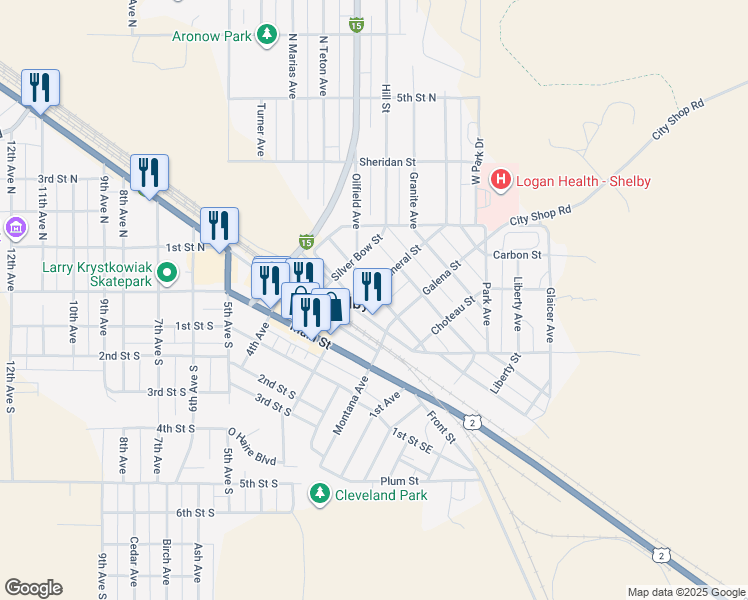 map of restaurants, bars, coffee shops, grocery stores, and more near 332 Mineral Street in Shelby