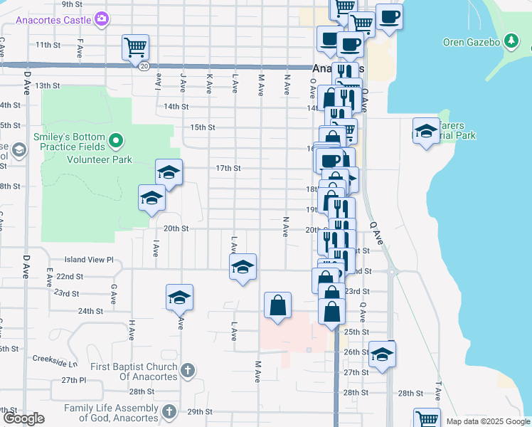 map of restaurants, bars, coffee shops, grocery stores, and more near 1903 M Avenue in Anacortes