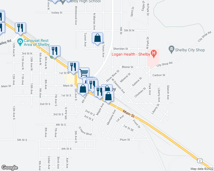 map of restaurants, bars, coffee shops, grocery stores, and more near 235 Central Avenue in Shelby