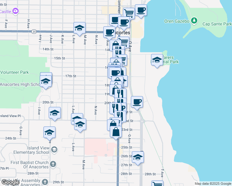 map of restaurants, bars, coffee shops, grocery stores, and more near 1006 19th Street in Anacortes
