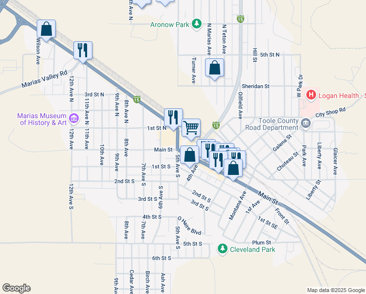 map of restaurants, bars, coffee shops, grocery stores, and more near 461 Main Street in Shelby