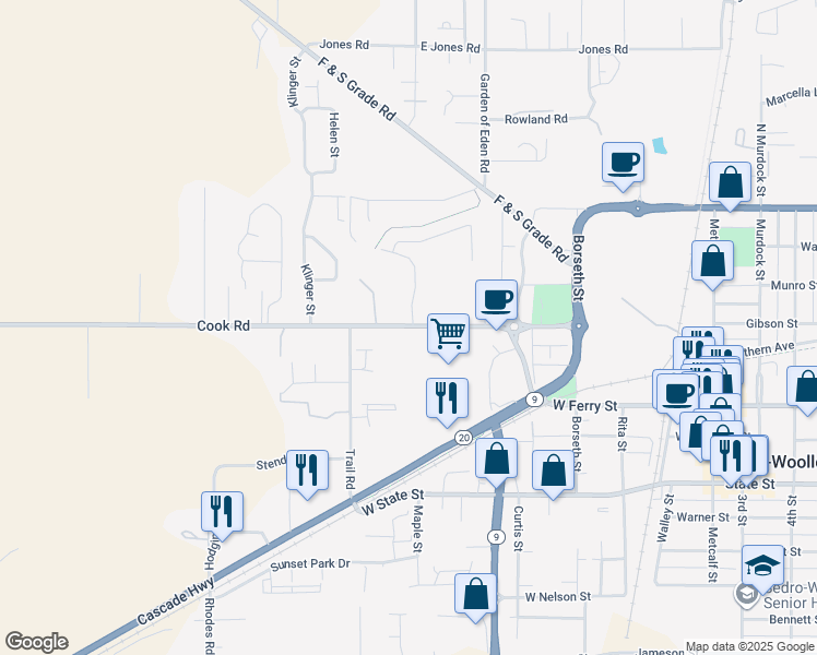 map of restaurants, bars, coffee shops, grocery stores, and more near 665 Cook Road in Sedro-Woolley