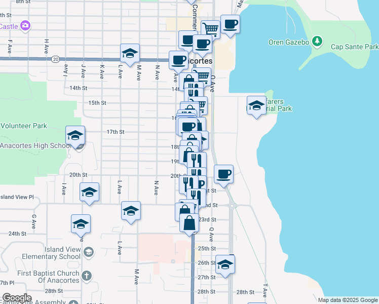 map of restaurants, bars, coffee shops, grocery stores, and more near 1006 19th Street in Anacortes