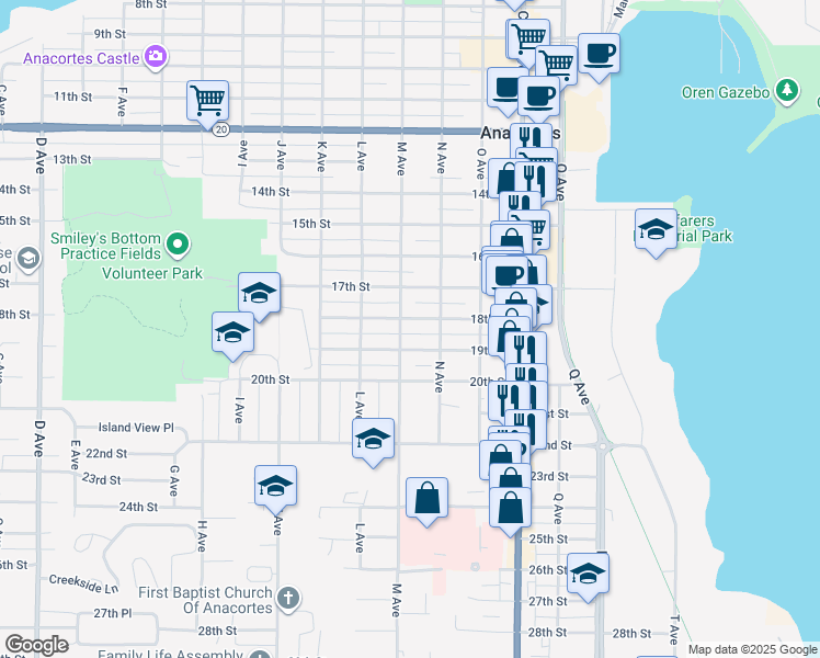 map of restaurants, bars, coffee shops, grocery stores, and more near 1903 M Avenue in Anacortes