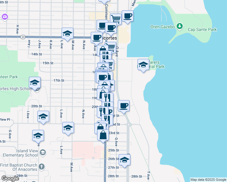 map of restaurants, bars, coffee shops, grocery stores, and more near 1720 Q Avenue in Anacortes