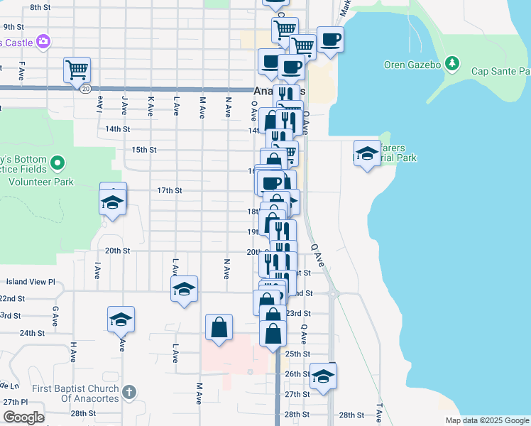 map of restaurants, bars, coffee shops, grocery stores, and more near 1006 19th Street in Anacortes