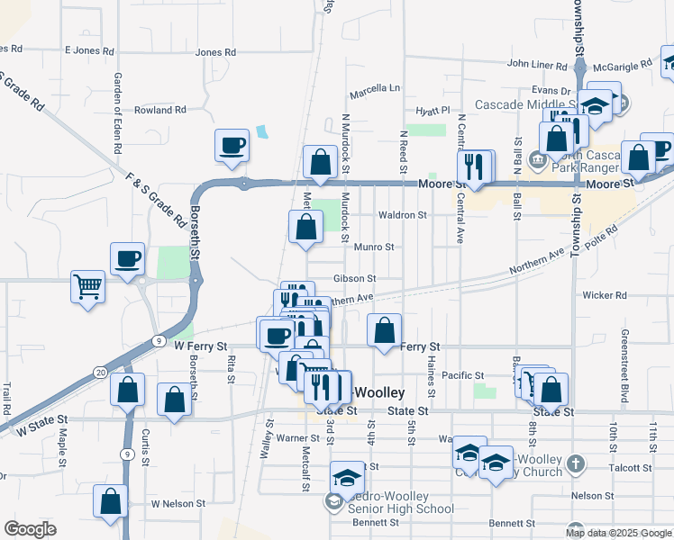 map of restaurants, bars, coffee shops, grocery stores, and more near 405 Murdock Street in Sedro-Woolley