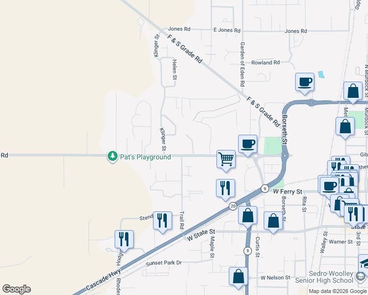 map of restaurants, bars, coffee shops, grocery stores, and more near 463 Rohrer Loop in Sedro-Woolley
