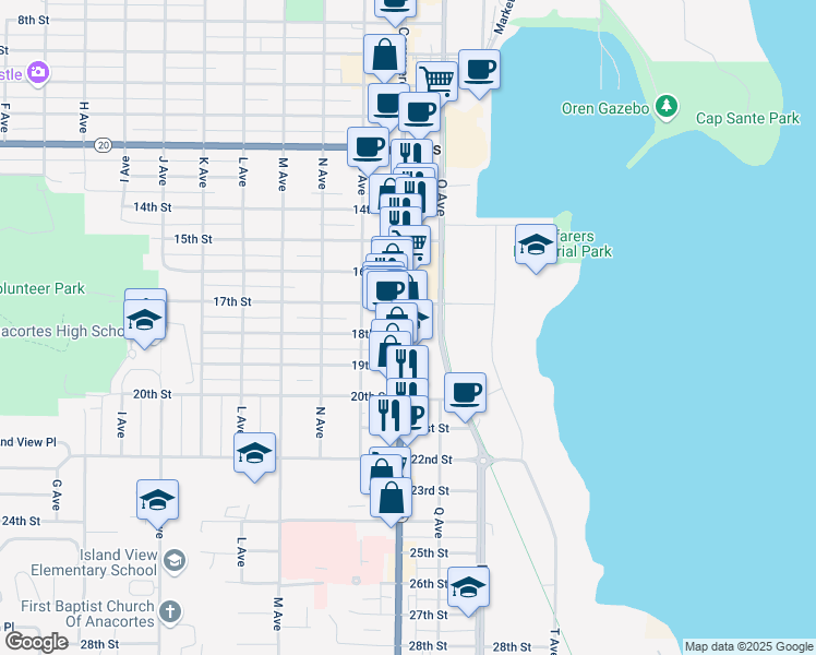 map of restaurants, bars, coffee shops, grocery stores, and more near 1717 Commercial Avenue in Anacortes