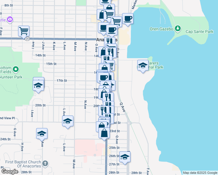 map of restaurants, bars, coffee shops, grocery stores, and more near 1717 Commercial Avenue in Anacortes