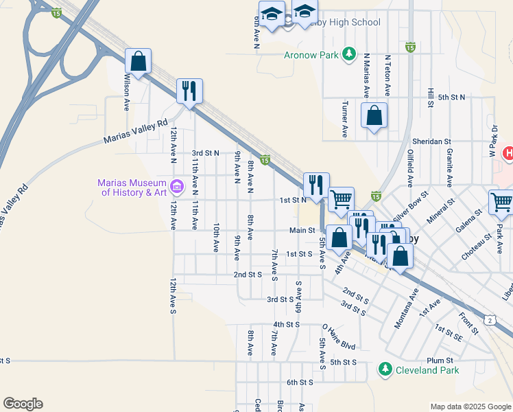 map of restaurants, bars, coffee shops, grocery stores, and more near 302-318 8th Avenue North in Shelby