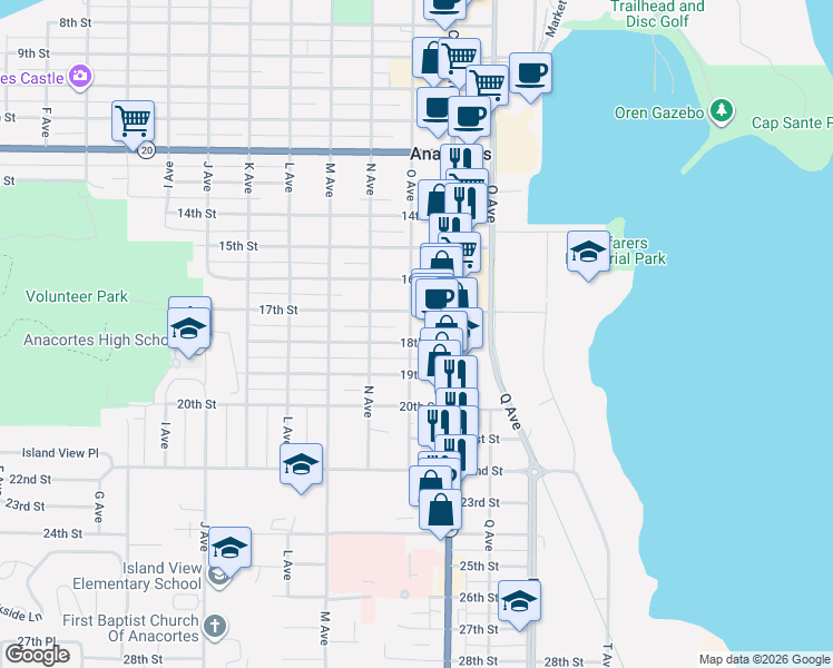 map of restaurants, bars, coffee shops, grocery stores, and more near 1101 17th Street in Anacortes