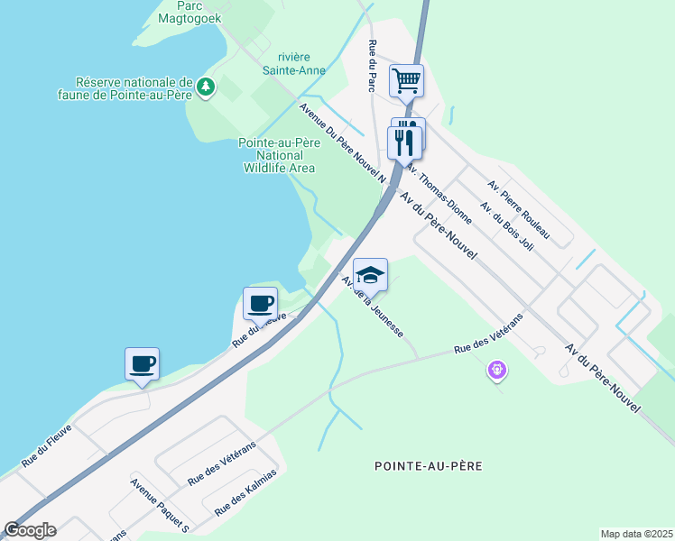 map of restaurants, bars, coffee shops, grocery stores, and more near Boulevard Sainte-Anne in Rimouski