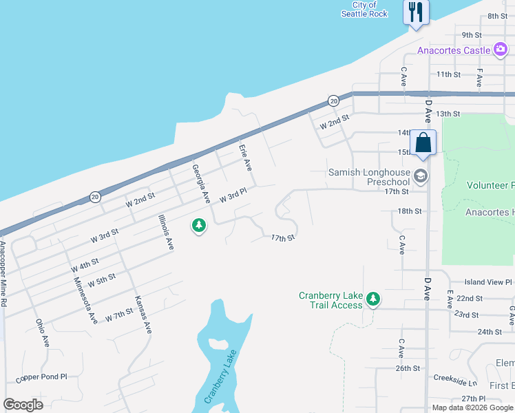 map of restaurants, bars, coffee shops, grocery stores, and more near 2819 West 3rd Street in Anacortes