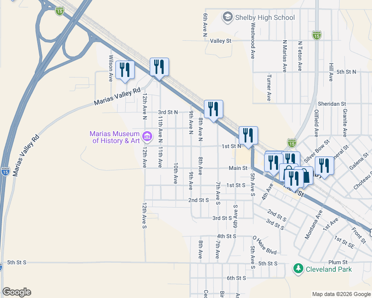 map of restaurants, bars, coffee shops, grocery stores, and more near 210 10th Avenue North in Shelby