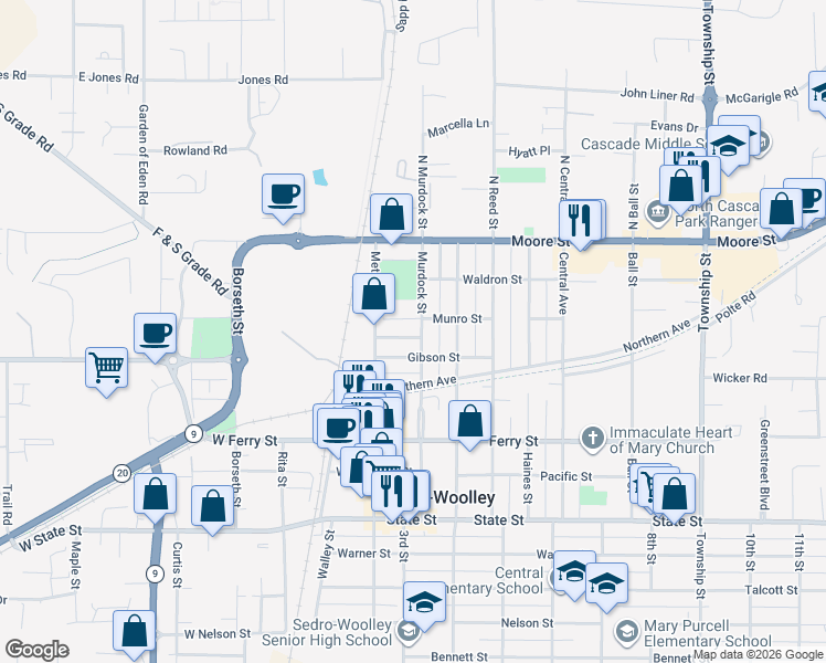 map of restaurants, bars, coffee shops, grocery stores, and more near 405 Murdock Street in Sedro-Woolley