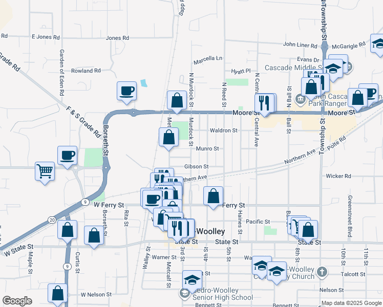 map of restaurants, bars, coffee shops, grocery stores, and more near 405 Murdock Street in Sedro-Woolley