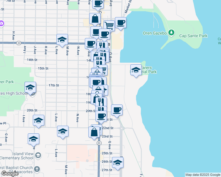 map of restaurants, bars, coffee shops, grocery stores, and more near 1720 Q Avenue in Anacortes