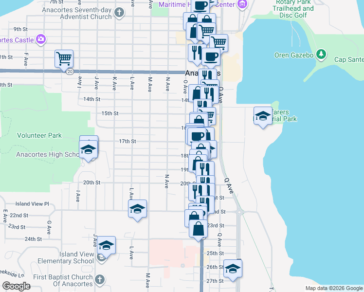 map of restaurants, bars, coffee shops, grocery stores, and more near 1101 17th St in Anacortes