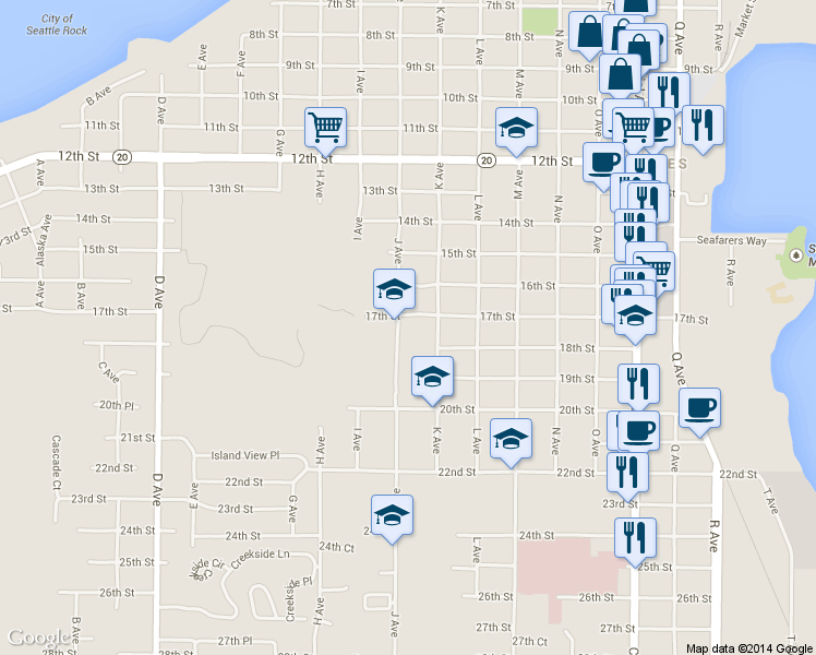 map of restaurants, bars, coffee shops, grocery stores, and more near 1705 J Avenue in Anacortes