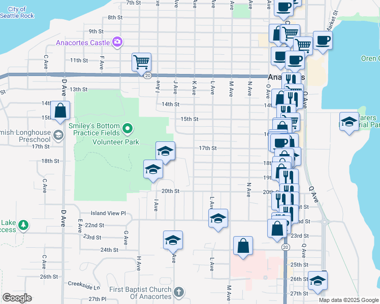 map of restaurants, bars, coffee shops, grocery stores, and more near 1417 17th Street in Anacortes