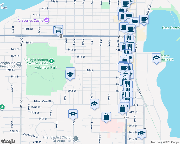map of restaurants, bars, coffee shops, grocery stores, and more near 1401 17th Street in Anacortes