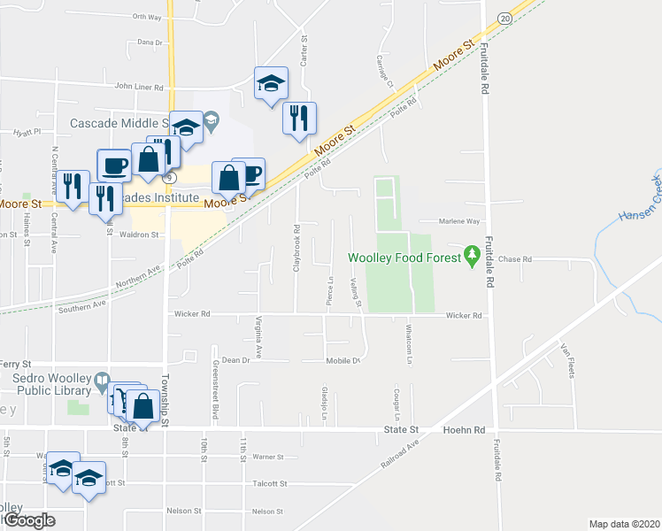 map of restaurants, bars, coffee shops, grocery stores, and more near 9438 Pierce Lane in Sedro-Woolley