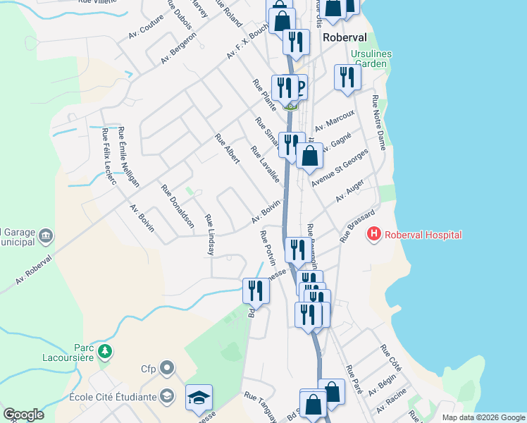 map of restaurants, bars, coffee shops, grocery stores, and more near 579 Avenue Boivin in Roberval